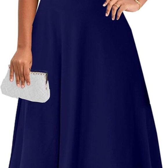 Summer Women's Dress V-Neck Ruffle Short Sleeve A-Line Flare Midi with Pockets - Picture 1 of 3